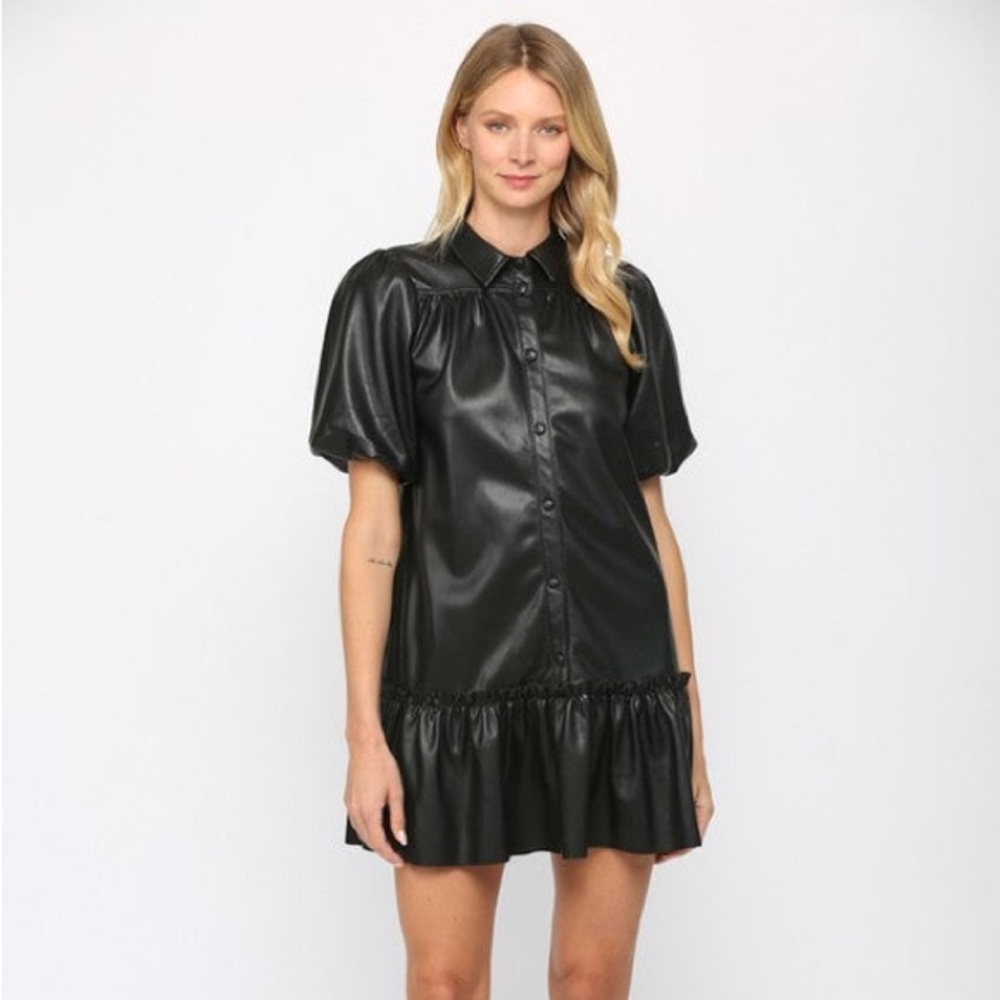 Black leather puff sleeve mini dress
